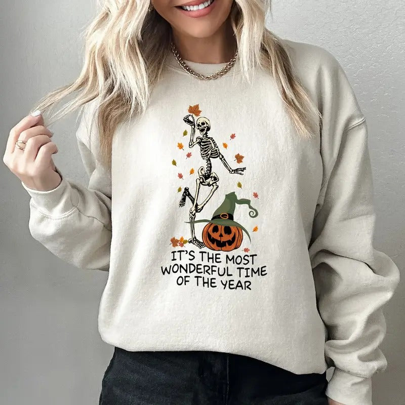 It's the Most Wonderful Time of The Year Halloween Sweatshirt, Skeleton Sweatshirt Cotton Womenswear T-Shirts, Hoodie