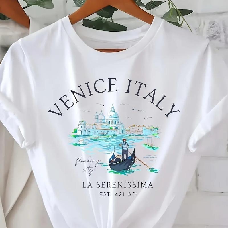 Italian Printed T-shirt Short-sleeved Round Neck Casual Tops Summer Spring Minimalist Wind Harajuku Women's Shirt...