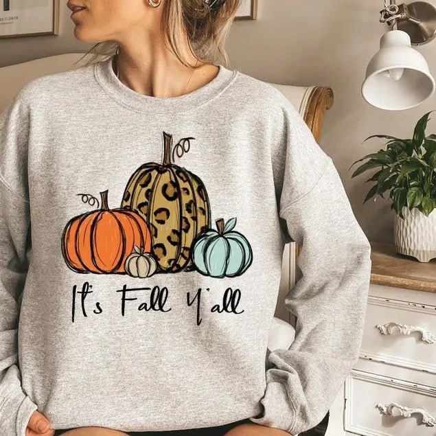 Its Fall Yall Sweatshirt, Autumn Fall Sweatshirt, Leopard Pumpkin Shirt, Pumpkin Fall Shirt, Fall Halloween Thanksgiving...