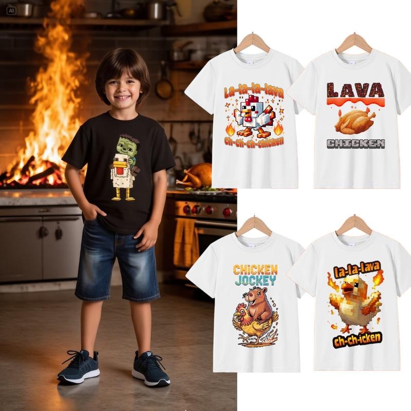 JACKEH JOCKEY Kids' Short Sleeve T-Shirt Funny Pixel Chicken Jockey Graphic Tee with Cartoon Chicken & Duck Design,...