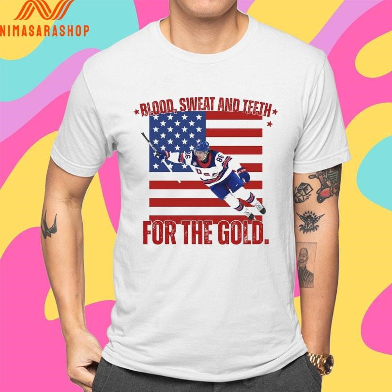 Jack Hughes Blood Sweat And Teeth For The Gold USA Hockey Olympic Golden Goal 2026 Shirts
