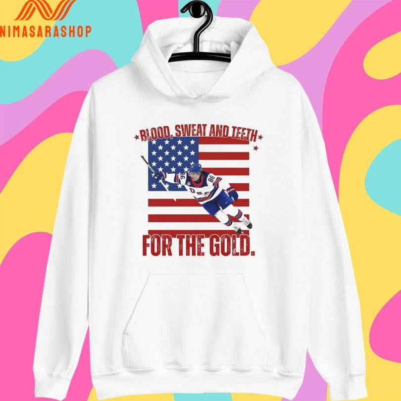 Jack Hughes Blood Sweat And Teeth For The Gold USA Hockey Olympic Golden Goal 2026 Shirts