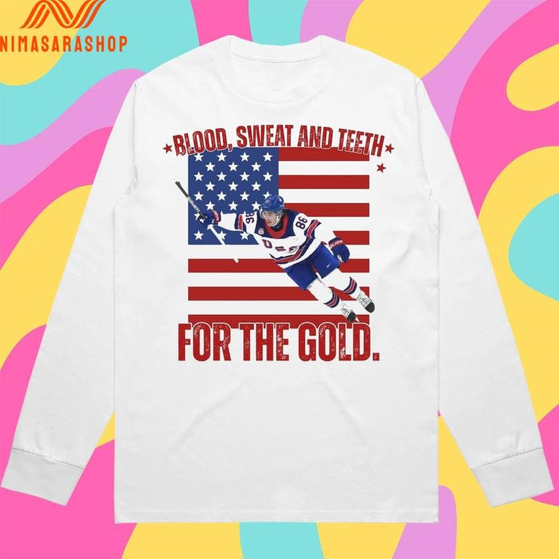 Jack Hughes Blood Sweat And Teeth For The Gold USA Hockey Olympic Golden Goal 2026 Shirts