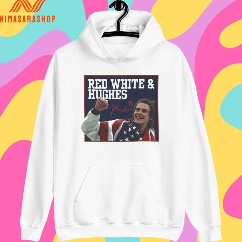 Jack Hughes USA Hockey Golden Goal 2026 Red, White And Hughes Hockey Shirts