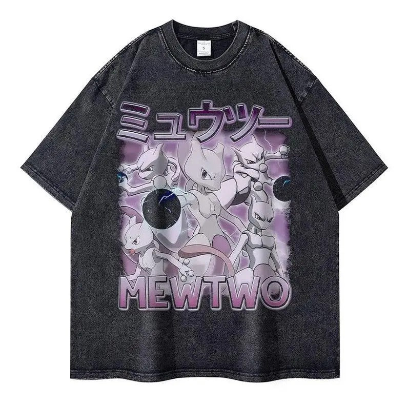 Japanese Vintage Retro T Shirt Pocket Monsters Psychic Legendary Washed Oversized T-shirt Anime Gift Idea For Him For Her...