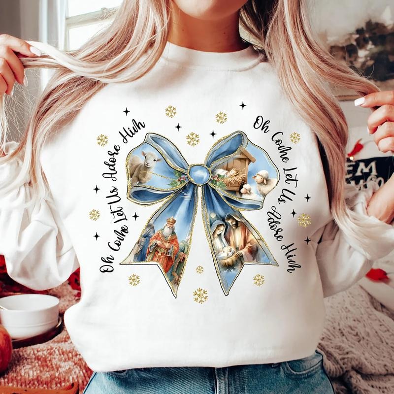 Jesus Christmas Coquette Sweatshirt, Christian Christmas Shirt, Nativity Scene Tee Shirt, Coquette Blue Christmas...
