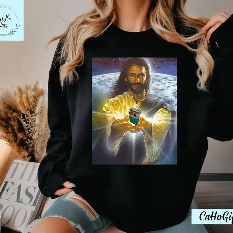Jesus Holding Cigar | Newport | Funny Meme T-Shirt Cotton Top Womenswear Comfortable Hoodie, Sweatshirt | UrbanDripWear.com