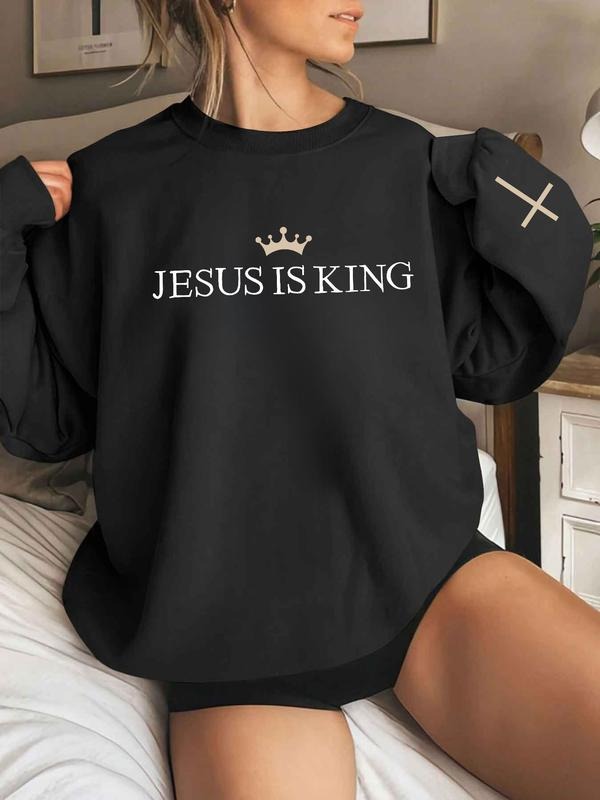 "Jesus Is King" Faith-Based Graphic Winter Sweatshirt - Black Oversize Religious Streetwear Casual Pullover with Crown & Cross Details