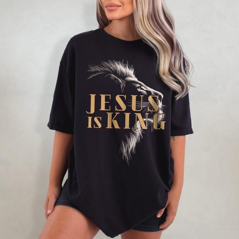 Jesus Is King Christianity Tshirt, Christian Lion Graphic Tee, Bible Verse T Shirt, Aesthetic Faith Streetwear Gift Top...