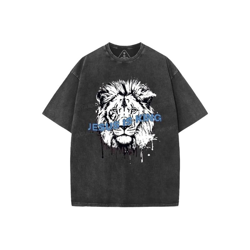 Jesus Is King Lion Christian T-Shirt Pure Cotton Fabric Casual Streetstyle Crew Neck Short Sleeve Soft-Washed T-Shirt...