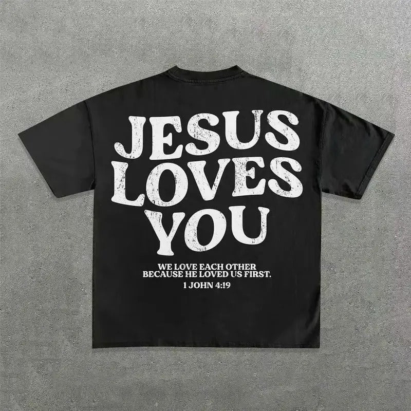 Jesus Loves You Words Print Short Sleeve T-Shirt Womenswear , Menswear Streetwear Top Hoodie, Sweatshirt | UrbanDripWear.com
