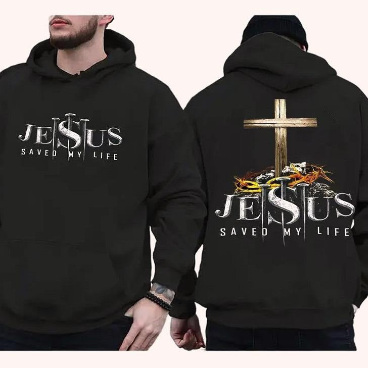 Jesus Saved My Life Hoodie, Christian Cross And Crown Of Thorns 2 Sided Graphic Hoodie Fleece Fabric Casual Hooded...