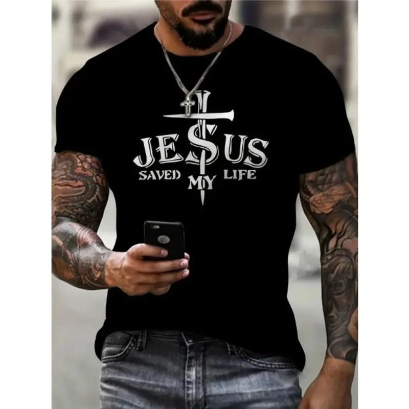 Jesus Saved My Life Print, Men's Graphic Design Crew Neck Novel T-shirt, Casual Comfy Tees Tshirts For Summer, Men's...