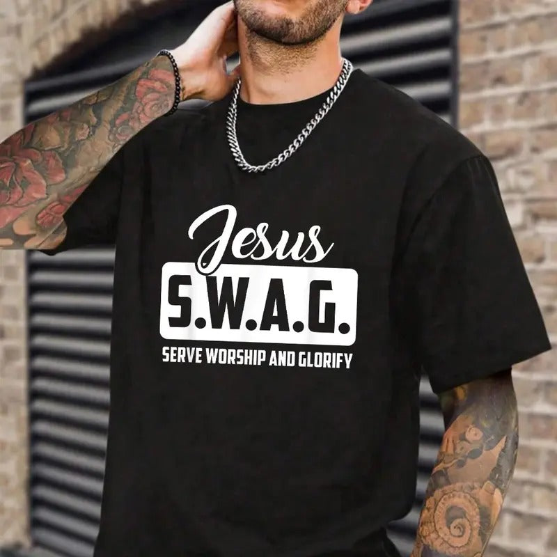 Jesus Swag Serve Worship And Glorify Tee Pure Cotton Fabric Casual Streetstyle Crew Neck Short Sleeve T-Shirt Trendy Tops...