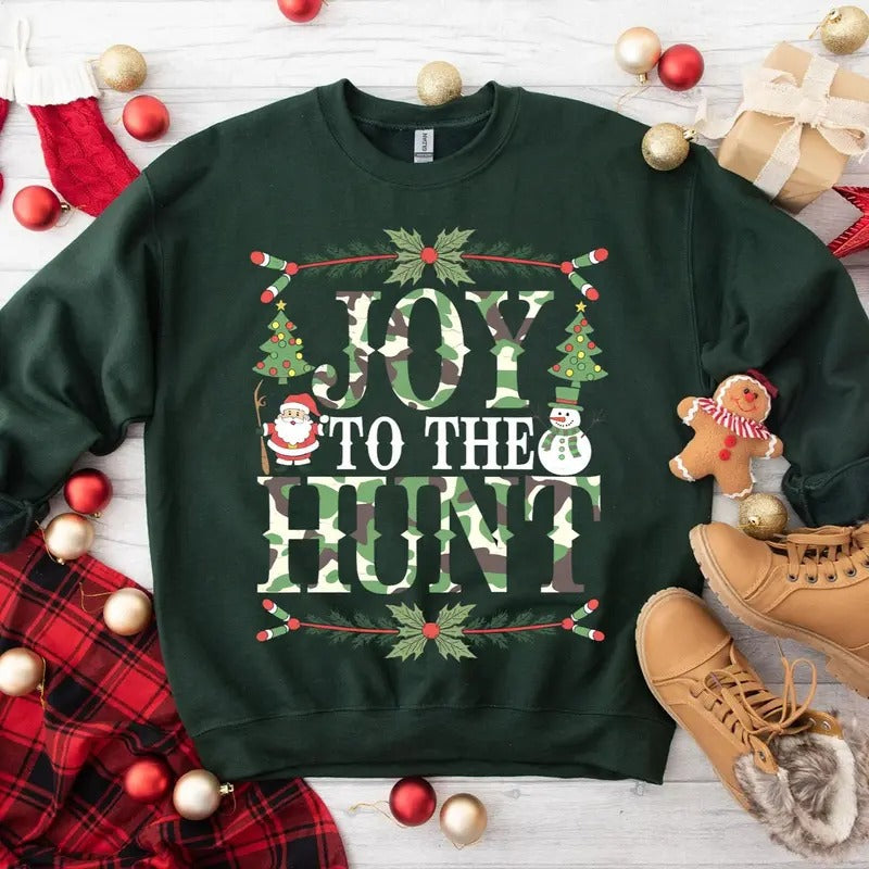 Joy To The Hunt Christmas Theme Decorations Unisex Crewneck Sweatshirt, Hunting Season, Hunting Christmas Shirt, Full...