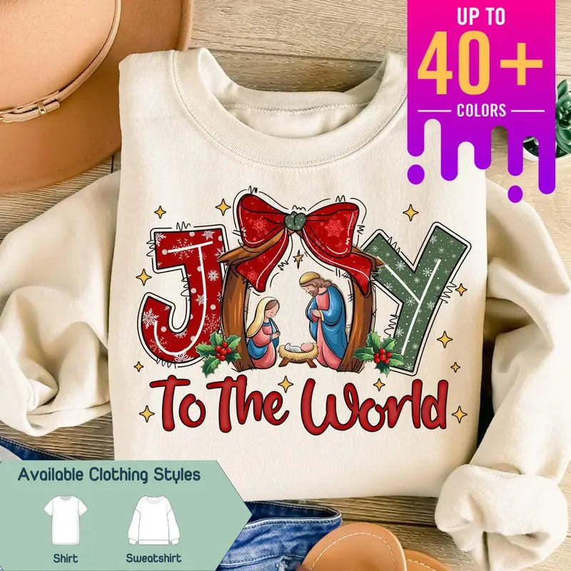 Joy to the World Sweatshirt & Baby Jesus Tee, Coquette Nativity Shirt, Oh Holy Night Design, Christian Christmas Apparel,...