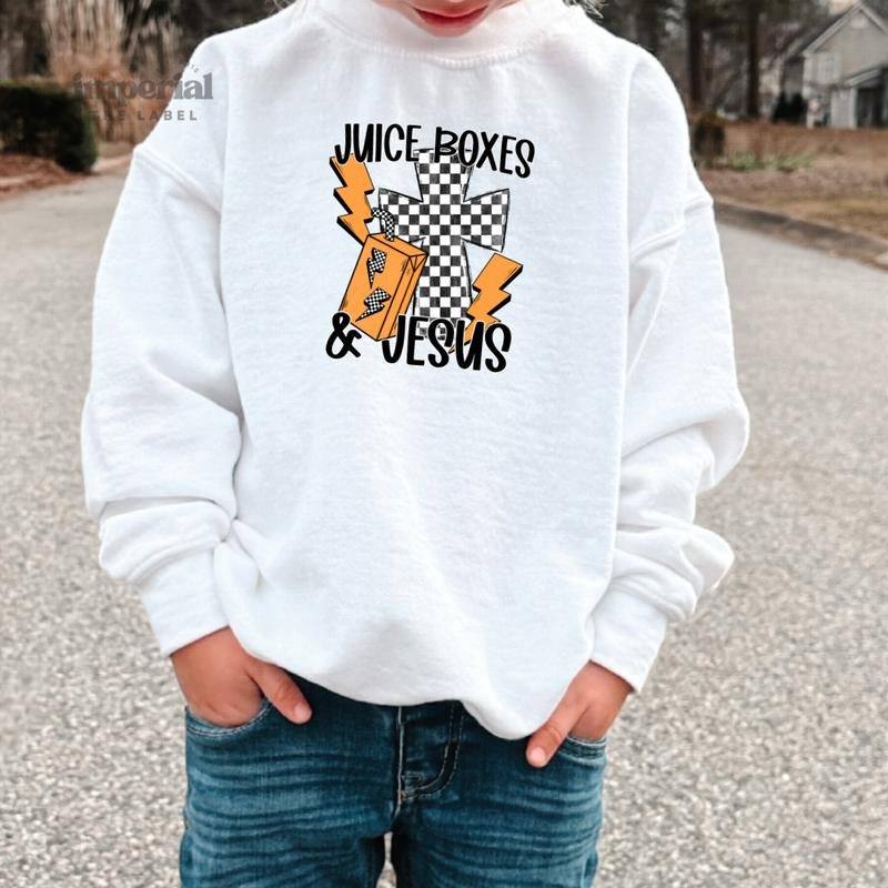 Juice Boxes & Jesus Youth Sweatshirt and Kid's Comfort Colors T-Shirt, Faith-Based Funny Crewneck, Christian Kids...