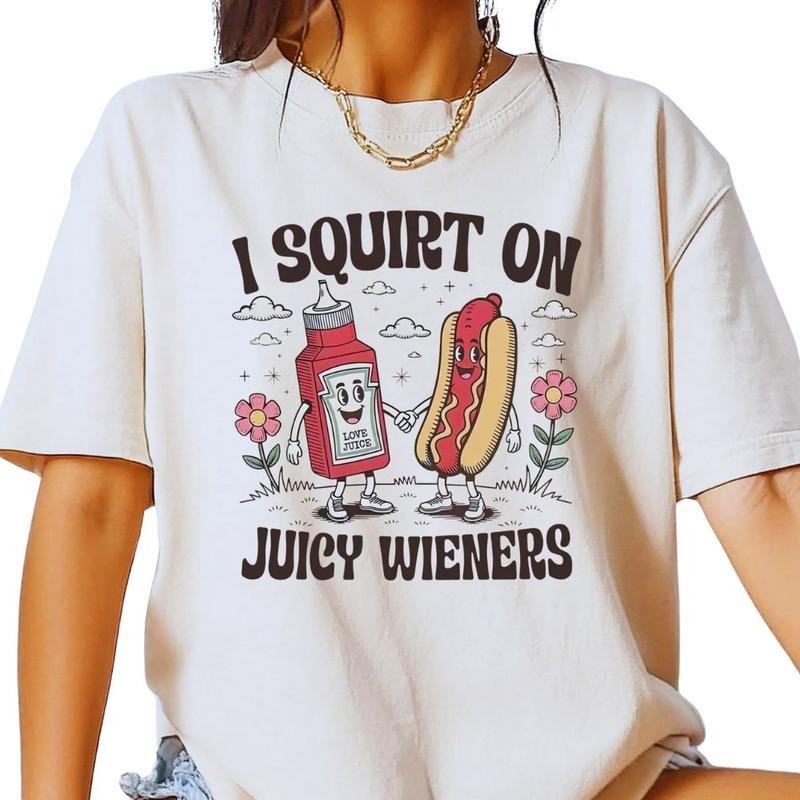 Juicy Wieners Graphic T-Shirt, Funny Hot Dog and Ketchup Cartoon Tee, Humorous T-Shirt for Casual Wear, Gift for Food...