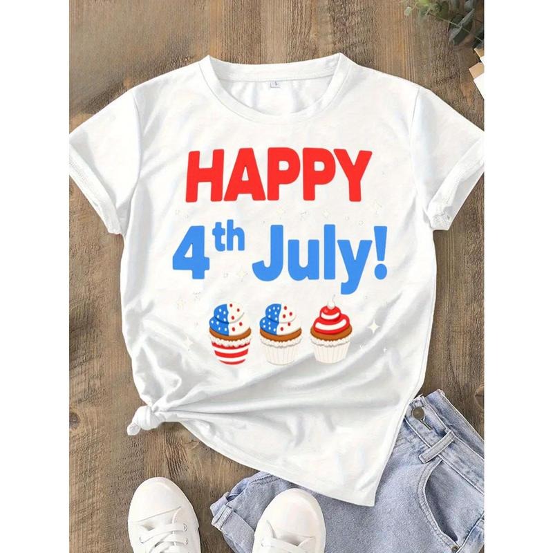 Round Neck T-shirt 100% Happy 4th July Patriotic Cupcakes Graphic Tee For Women Plus Size Casual T Shirt Summer Festival...