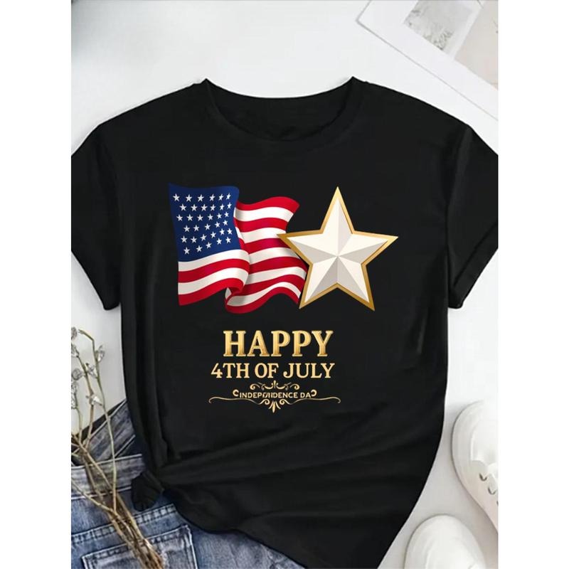 Round Neck T-shirt 100% Patriotic Happy 4th of July Independence Day Star Flag Print Plus Size Women T Shirt Short Sleeve...