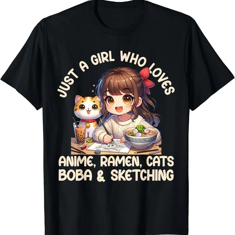 Just A Girl Who Loves Anime Ramen Cats Boba And Sketching TShirt Hoodie, Sweatshirt | UrbanDripWear.com