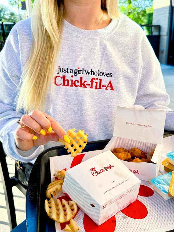 'Just A Girl Who Loves Chick-fil-A' Crewneck Sweatshirt T-Shirts, Hoodie | UrbanDripWear.com