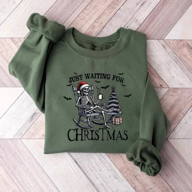 Just Waiting For Christmas Sweatshirt, Christmas Skeleton Sweatshirt, Funny Christmas Shirt, Skeleton Halloween Shirt,...