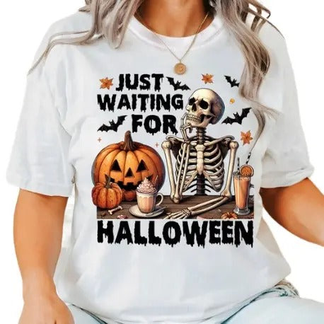Just Waiting For Halloween Shirt, Funny Halloween Shirt, Halloween Skull Sarcastic Halloween T-Shirt Comfort Cotton...