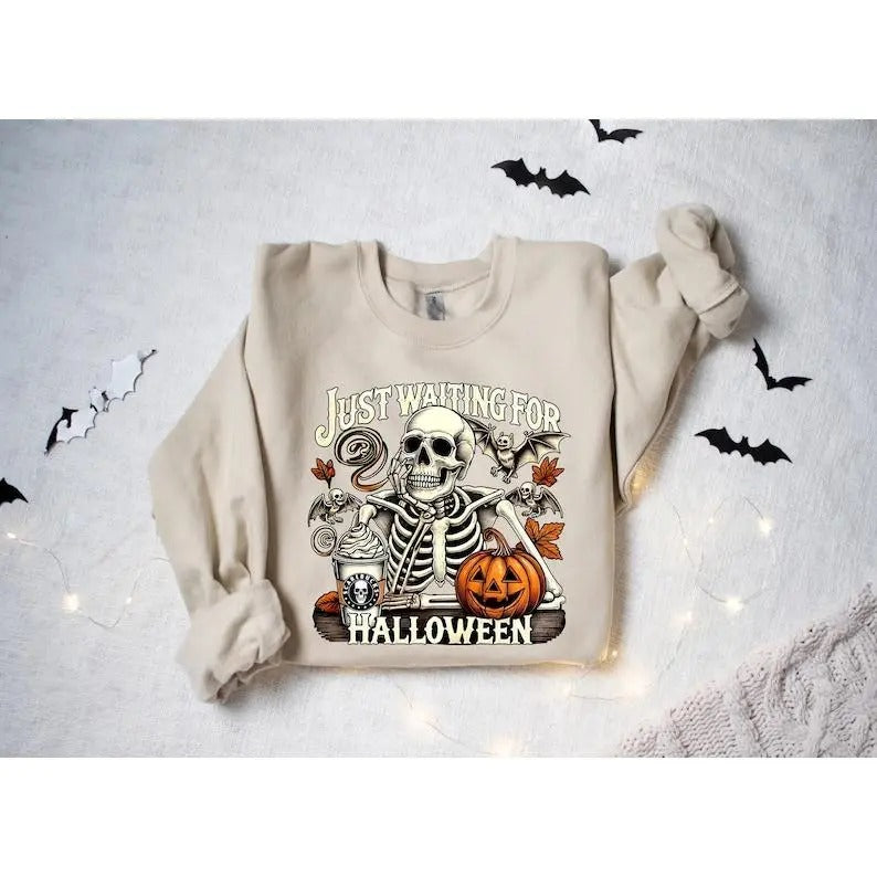 Just Waiting For Halloween Sweatshirt, Funny Halloween Shirt, Halloween Skull Sweatshirt, Halloween Summer Shirt,...