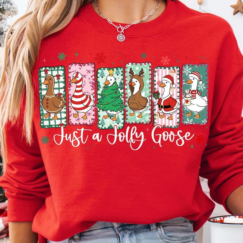 Just a Jolly Goose Funny Christmas Shirt Sweatshirt, Santa Goose Holiday Top, Gingerbread Goose Festive Animal Tee, Cute...