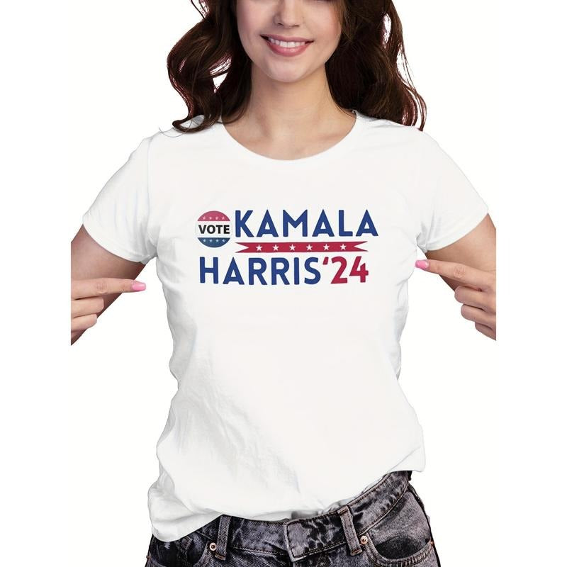 Kamala Harris 2024 Patriotic Women's T-Shirt - Soft Breathable Knit Fabric, Classic Crew Neck Short Sleeve Tee with...