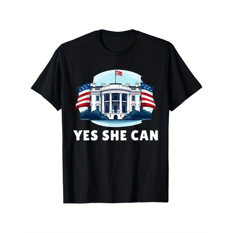 Kamala Harris 2024 President "Yes She Can" Graphic T-Shirt - 180g Women's Crewneck Tee, Black Regular Fit,...