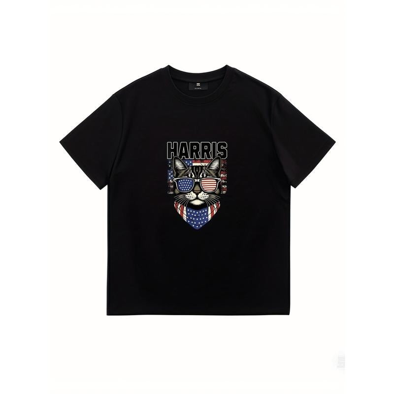 Kamala Harris Cat Lady Graphic Tee - Unisex 100% Cotton T-Shirt, Funny Black Casual Streetwear with Patriotic Cat Design,...