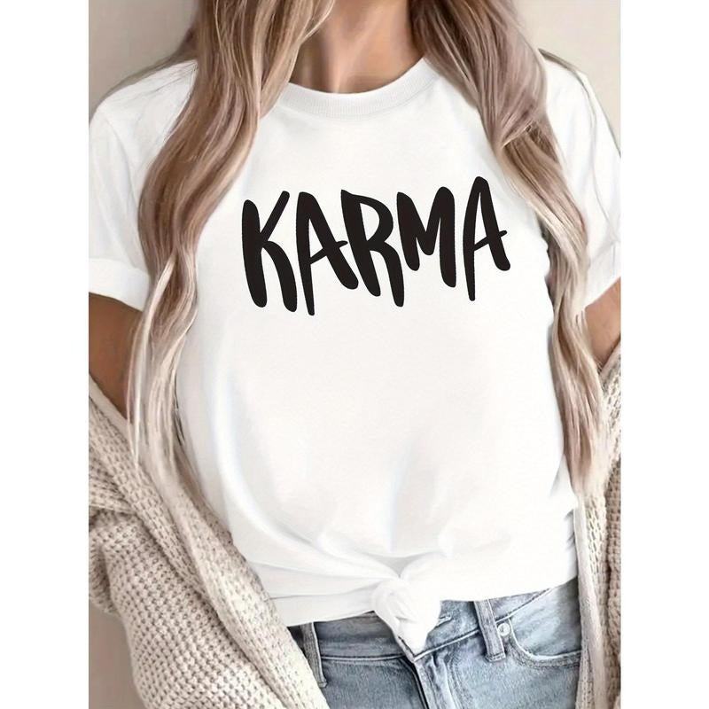 Karma Letter Graphic T-Shirt - Stylish Crew Neck, Short Sleeve