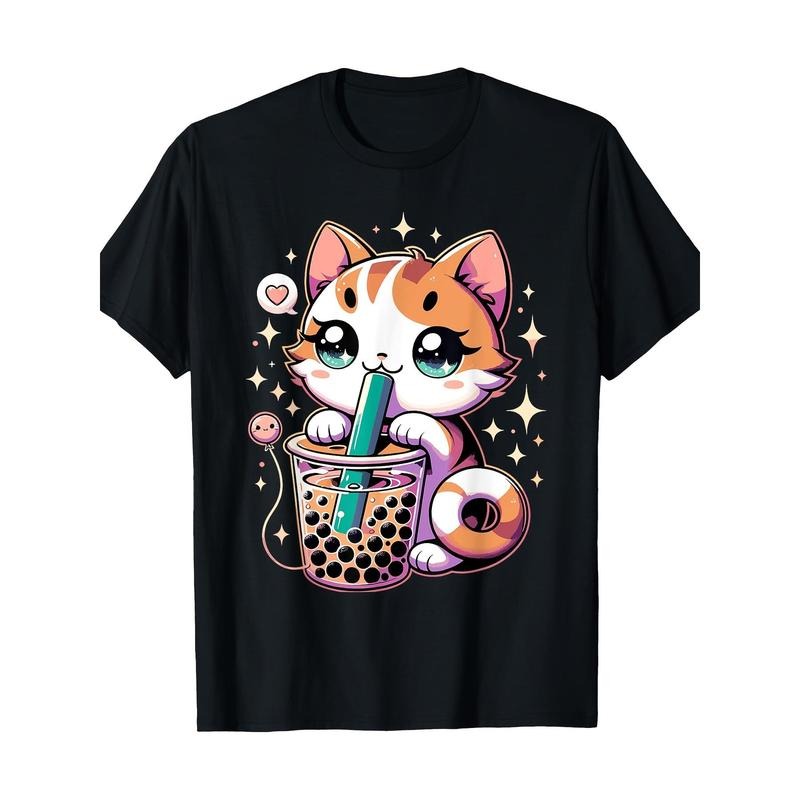 Kawaii Anime Cat Boba Tee, 100% Cotton Casual T-Shirt with Digital Print, Short Sleeve, Round Neck, Regular Fit for All...