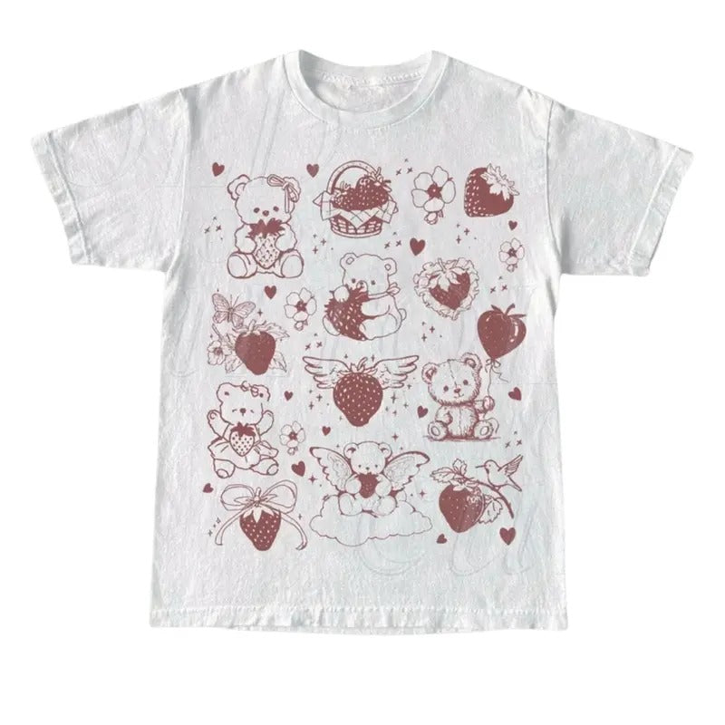 Kawaii Sweet Teddy Bear Strawberry Collage Vintage Graphic Tshirt, Retro Bears With Strawberries Shirt, Funny Gag Shirts,...