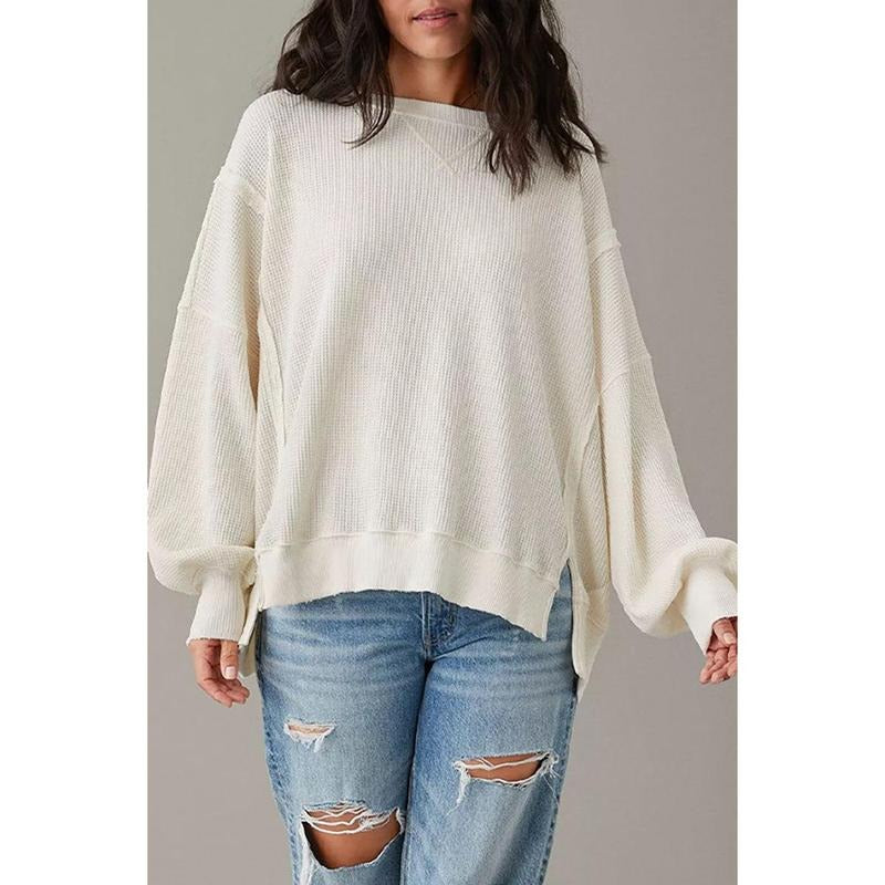 Keeping Cozy White Oversized Waffle Knit Sweatshirt T-Shirts, Hoodie | UrbanDripWear.com