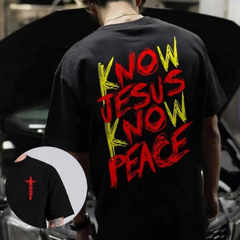 Know Jesus Know Peace 2 Sided Tee Pure Cotton Fabric Casual Streetstyle Crew Neck Short Sleeve T-Shirt Trendy Tops for...