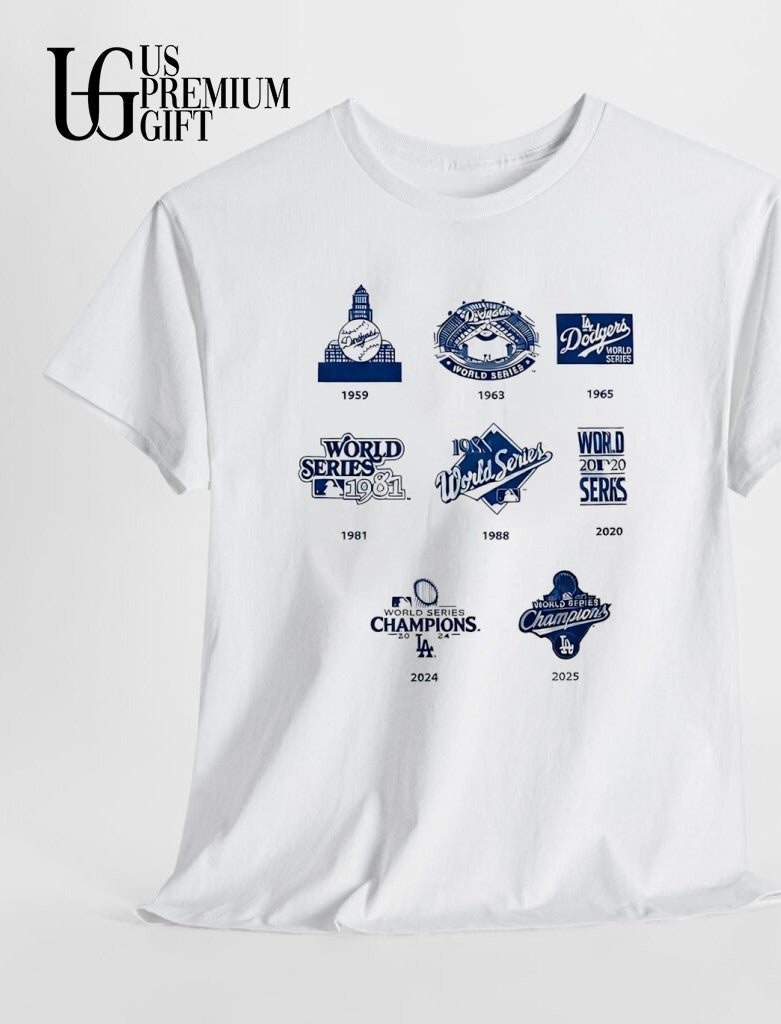 LA Dodgers World Series logo 1959 1963 2025 shirt