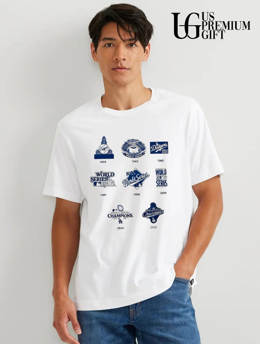 LA Dodgers World Series logo 1959 1963 2025 shirt