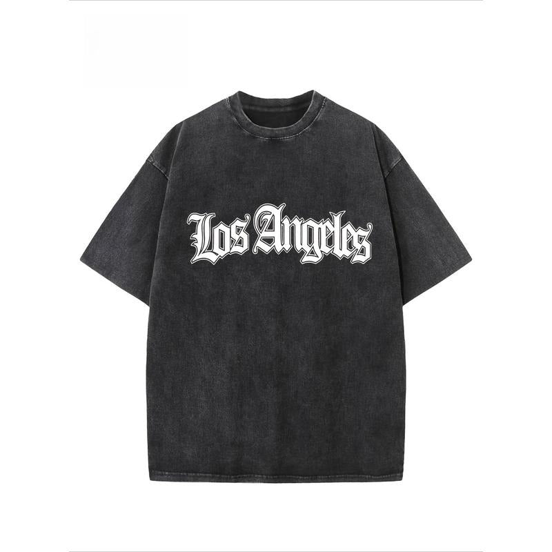 "LOS ANGELES" Creative Pattern Printing Heavy 230g Pure Cotton Oversized Drop Shoulder T-shirt Washed T-shirt Retro...