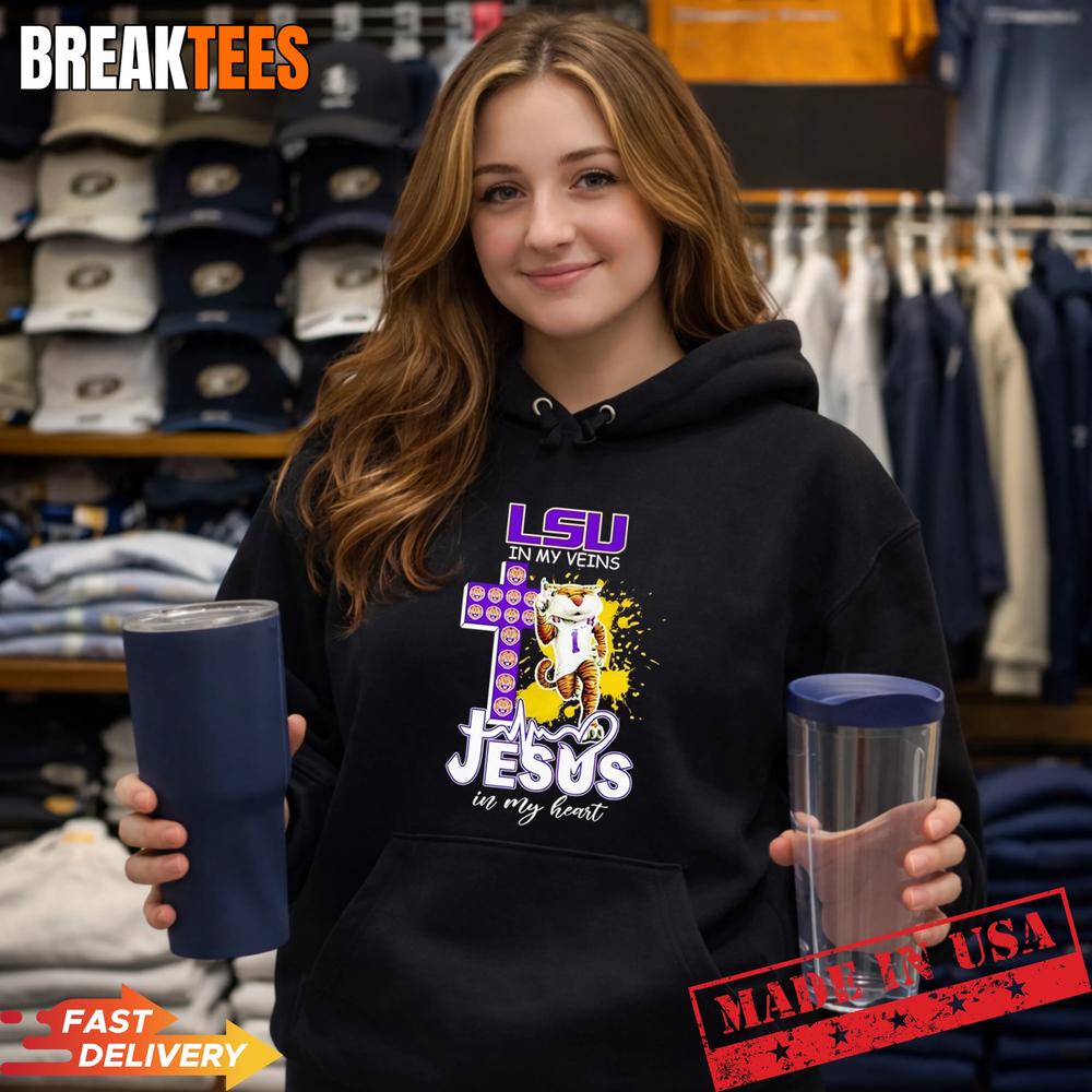 LSU Tigers In My Veins Jesus In My Heart Mascot Logos On Cross Football T-Shirt