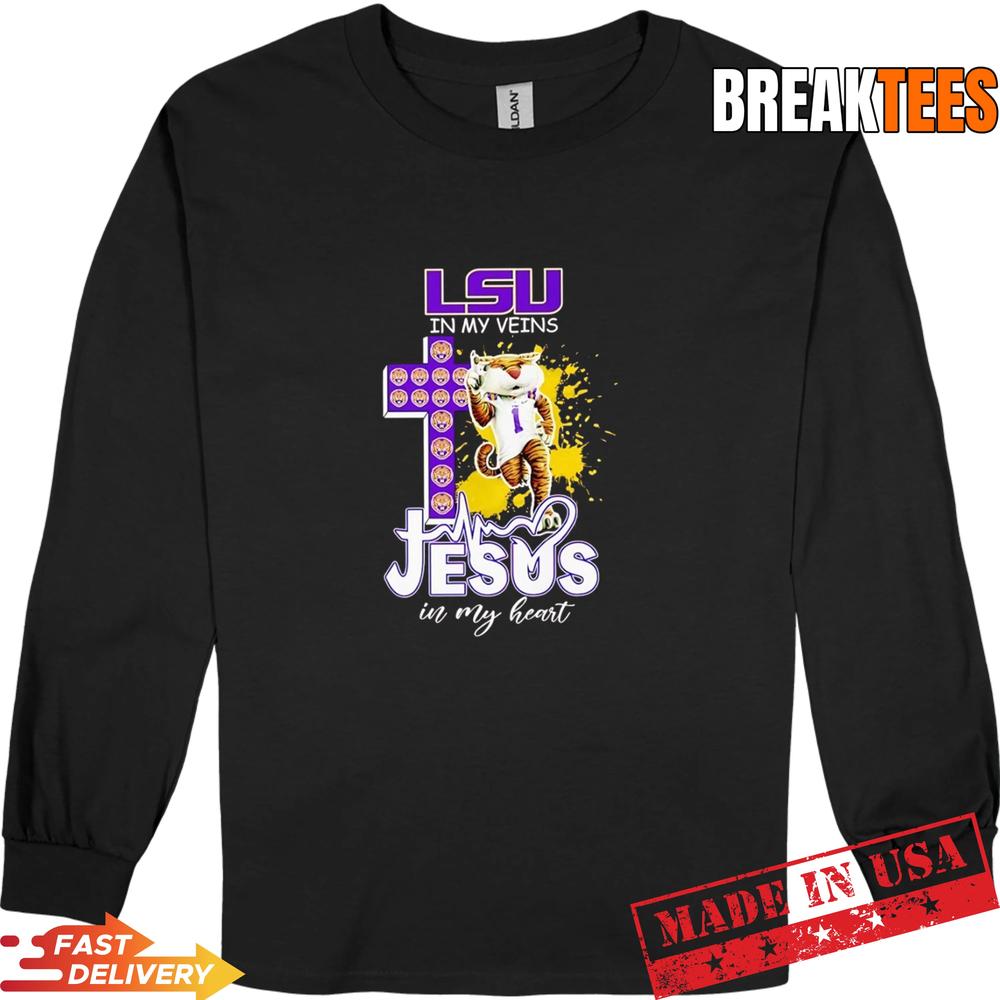 LSU Tigers In My Veins Jesus In My Heart Mascot Logos On Cross Football T-Shirt