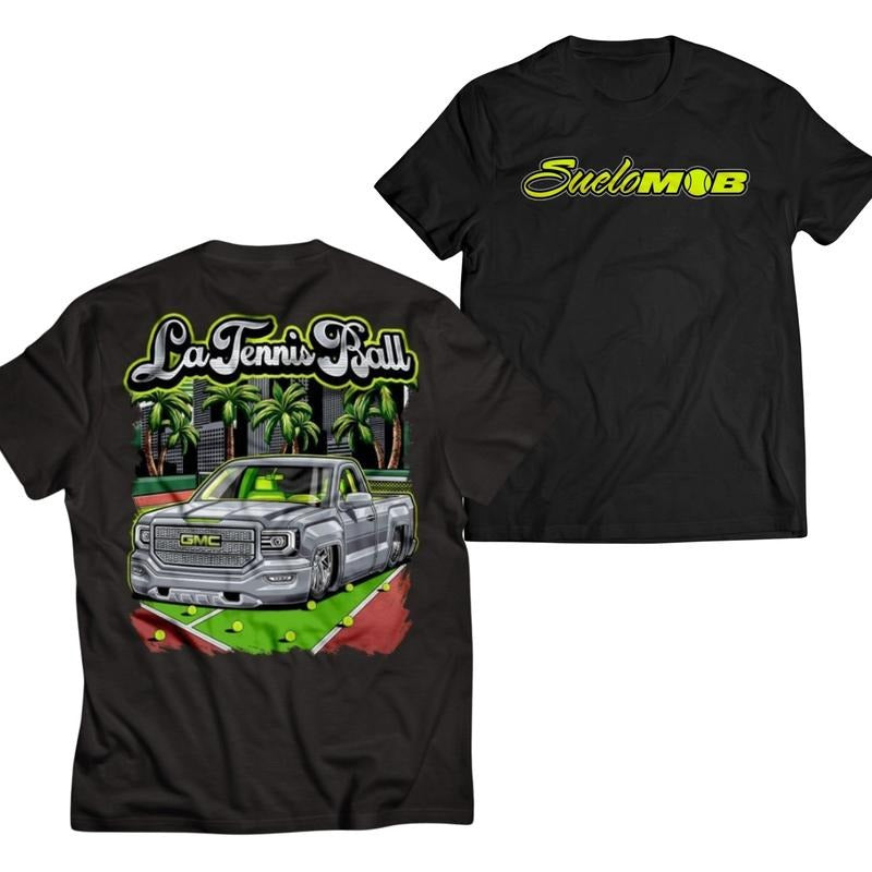 La Tennis Ball Pickup Truck Tee, Men's Car Lover T-Shirt, Automotive Graphic Tennis Shirt, Casual Apparel for Car and...