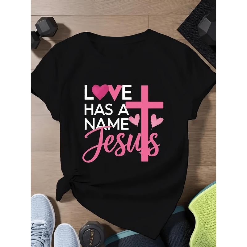 Ladies' Black Casual T-Shirt, "Love Has a Name"&Heart-Shaped Design, 180G Pure Short Sleeved Round Neck Machine Washable,...