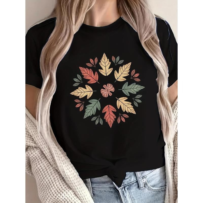 Leaf Pattern Printed Round Neck T-shirt, Spring And Summer Casual Short Sleeved T-shirt, Women's Clothing Hoodie, Sweatshirt