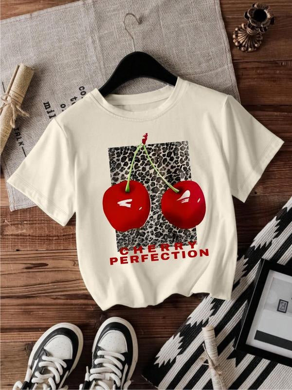 Leopard Cherry Print Vintage Style Women's Summer Casual Sports Top, Round Neck Short Sleeve T-Shirt, Comfortable...