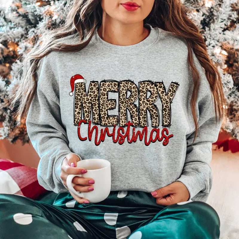 Leopard Christmas Sweatshirt Cute Christmas Shirt Christmas Sweater Women Christmas Tee Leopard Lover Sweater Christmas...