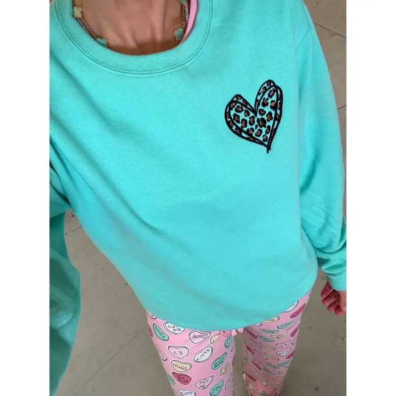 Leopard Heart Embroidered Mint Sweatshirt T-Shirts, Hoodie | UrbanDripWear.com