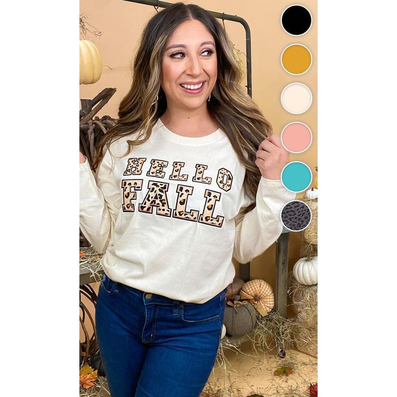 Leopard Ideal Chenille Hello Fall Graphic Boyfriend Long Sleeve T-Shirt Hoodie, Sweatshirt | UrbanDripWear.com